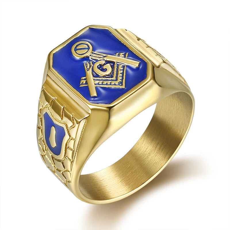 Gold Blue Masonic Retro Ring Stainless Steel Enamel Freemason Ring