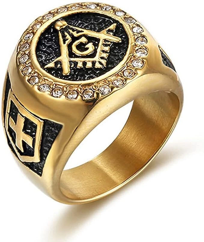 Cy trendy Men's Gold Freemason Masonic CZ Ring Stainless Steel